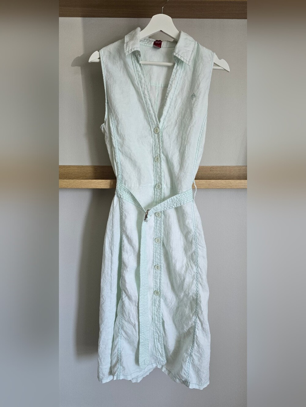 Sleeveless Collared Midi Shirt Dress in Mint with Woven Belt